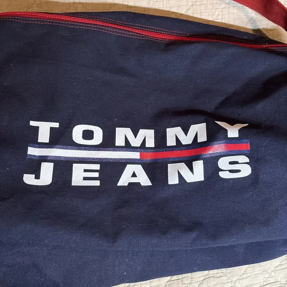 Tommy Hilfiger Duffel Bag Blue Large 11” Flag Logo‎ Travel Weekender Gym Vtg 90s